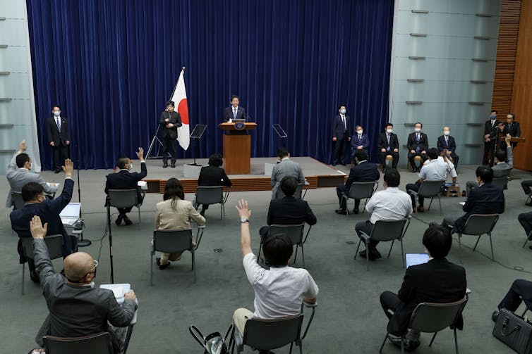 Japanese Prime Minster Shinzo Abe holds a press conference.