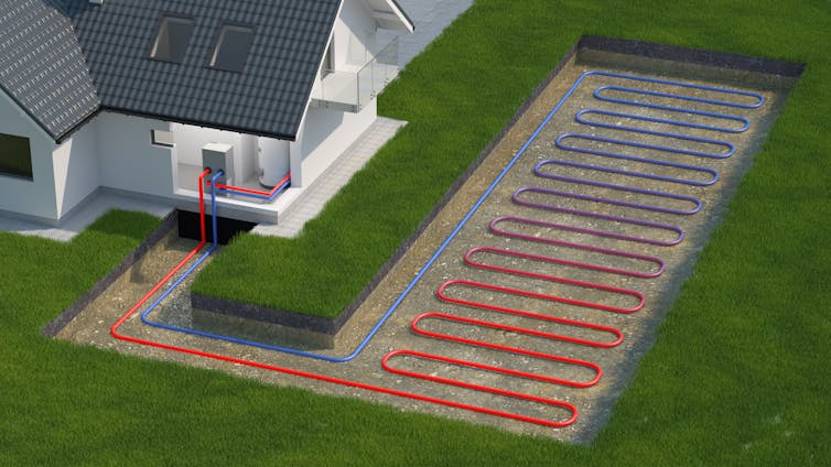A 3D illustration showing a series of pipes extracting heat from below ground and channeling into a home central heating system.