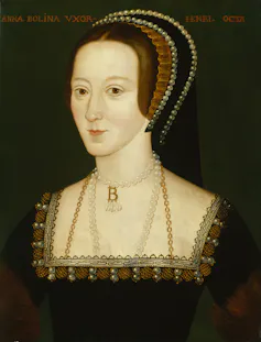 A 16th century portrait of a European noblewoman in a black gown.