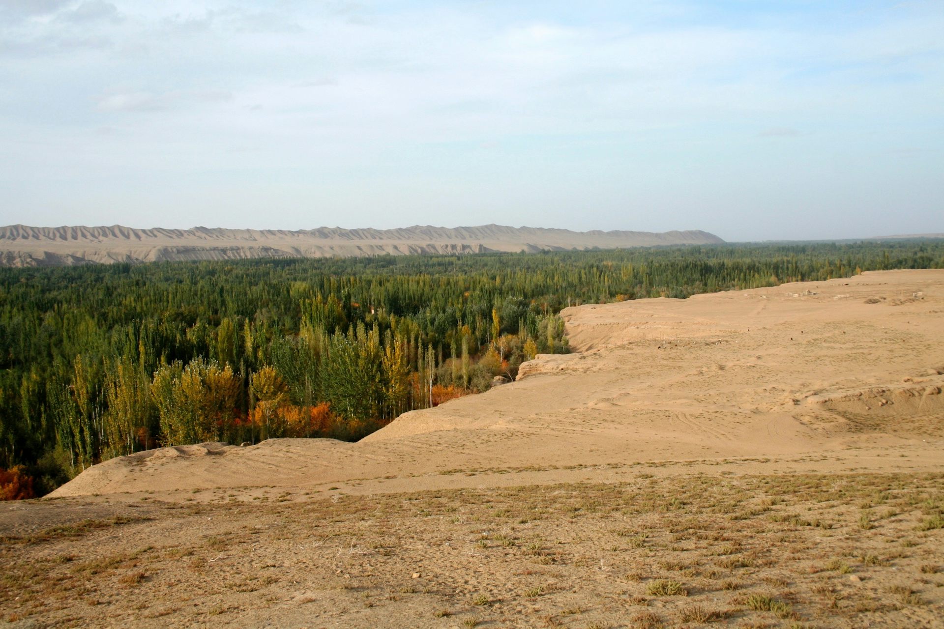 The Uyghur village of Sanju, southern Xinjiang, viewed from the desert above.