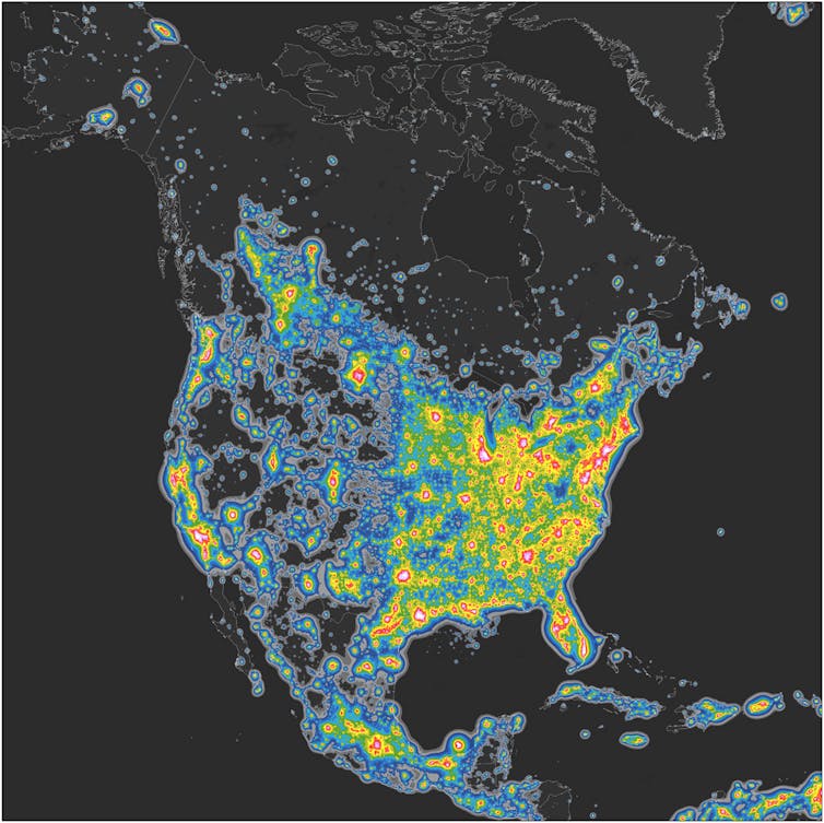 Growing Glow: Light Pollution Threatens Stargazing and Scientific Discovery 3 A map of North America showing light pollution, with almost all the eastern part of the U.S. covered from Maine to North Dakota, and hot spots on the West Coast.