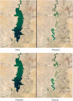 A satellite image of reservoirs demonstrating the impact and predicted impact of climate change