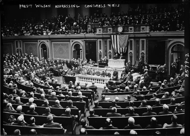 historic picture of President Wilson addressing congress