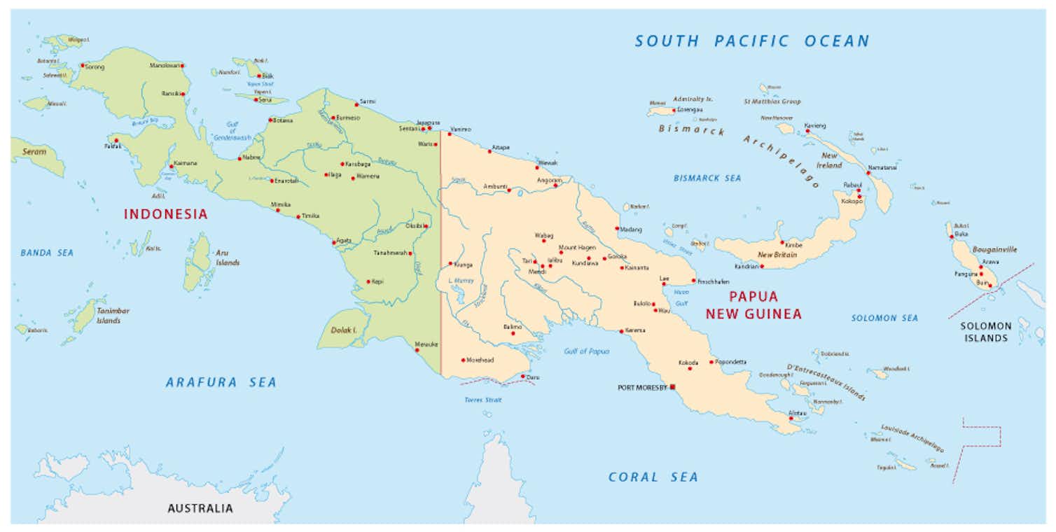 Остров новая гвинея на карте океанов. Карта Папуа новой Гвинеи с городами. Папуа новая Гвинея на карте. Остров новая Гвинея политическая карта.