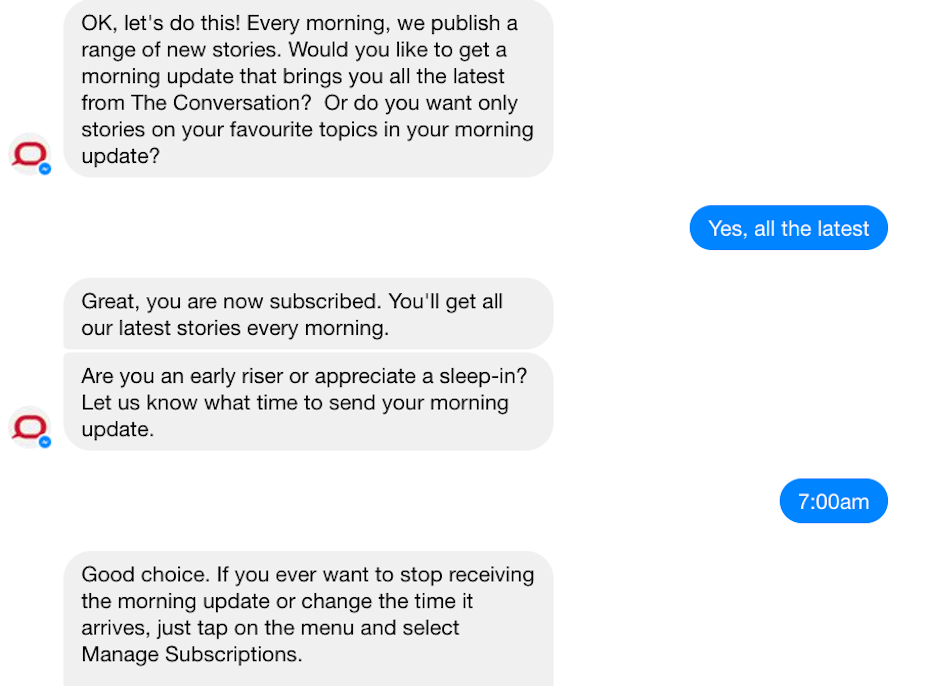 The Conversation chatbot launches in Facebook Messenger