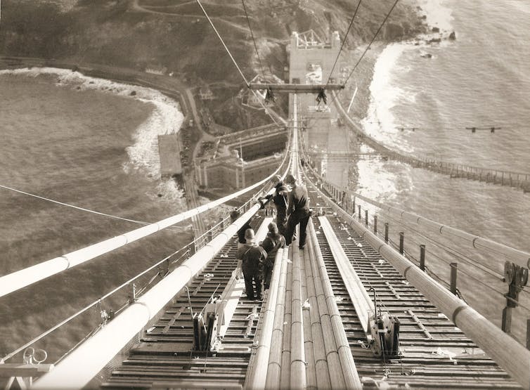 Workers during the construction of the golden gate bridge
