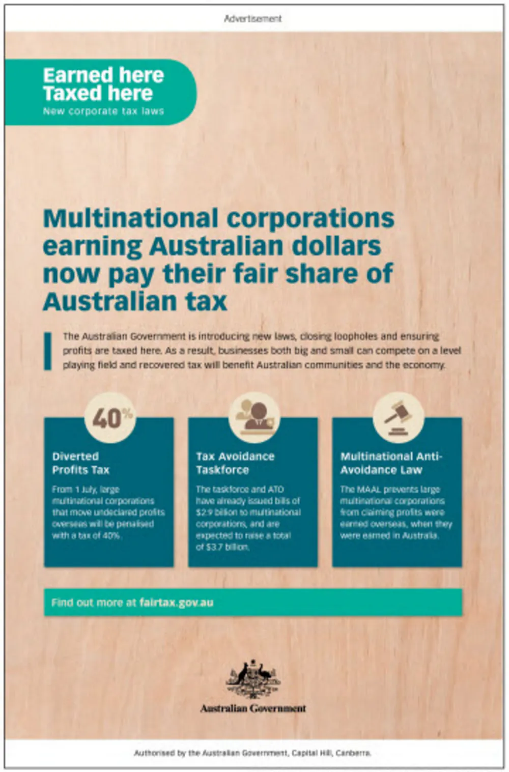 Australian Government Advertisement Example Rumours of the death of multinational tax avoidance are greatly exaggerated