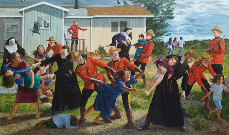 A painting depicting Mounties forcibly removing Indigenous people from their homes.