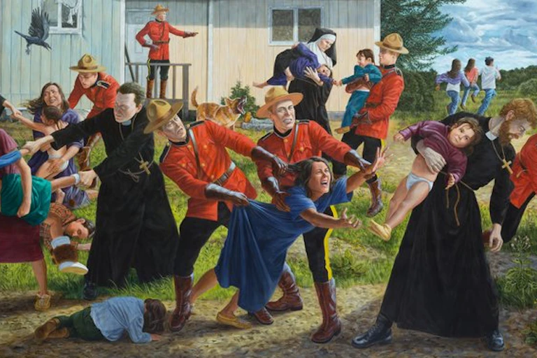 A painting depicting Mounties forcibly removing Indigenous people from their homes.