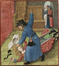A jealous husband beats his wife in a manuscript of Le Roman de la Rose