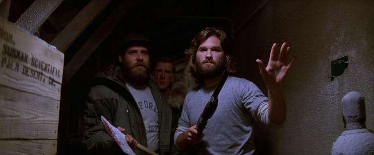 Kurt Russell, Richard Masur, and Donald Moffat in The Thing.