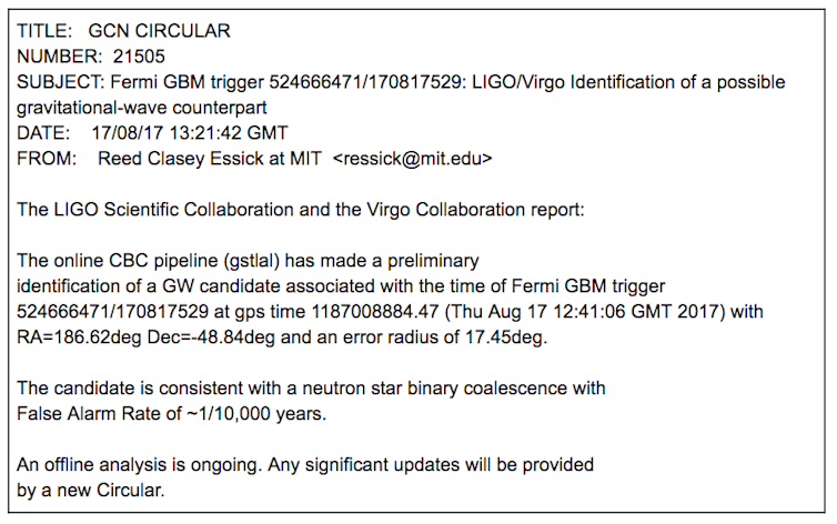 The original alert that was sent out telling astronomers about the detection of gravitational waves. Screengrab, Author provided