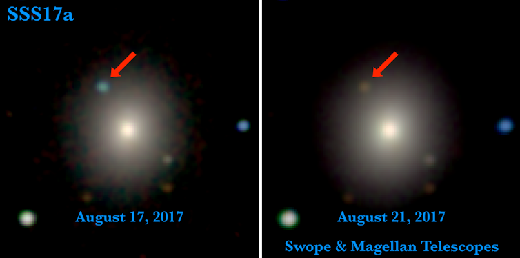 Optical and near-infrared images of the first optical counterpart to a gravitational wave source in the galaxy NGC 4993. 1M2H/UC Santa Cruz and Carnegie Observatories/Ryan Foley