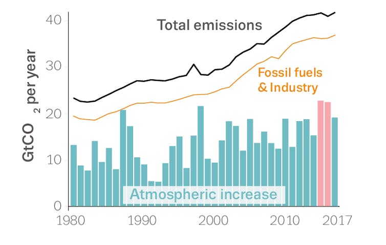 The effect of the strong 2015-16 El Niño on the growth of atmospheric CO₂ can clearly be seen. Nigel Hawtin/Future Earth Media Lab/Global Carbon Project, based on Peters et al., Nature Climate Change 2017, Author provided