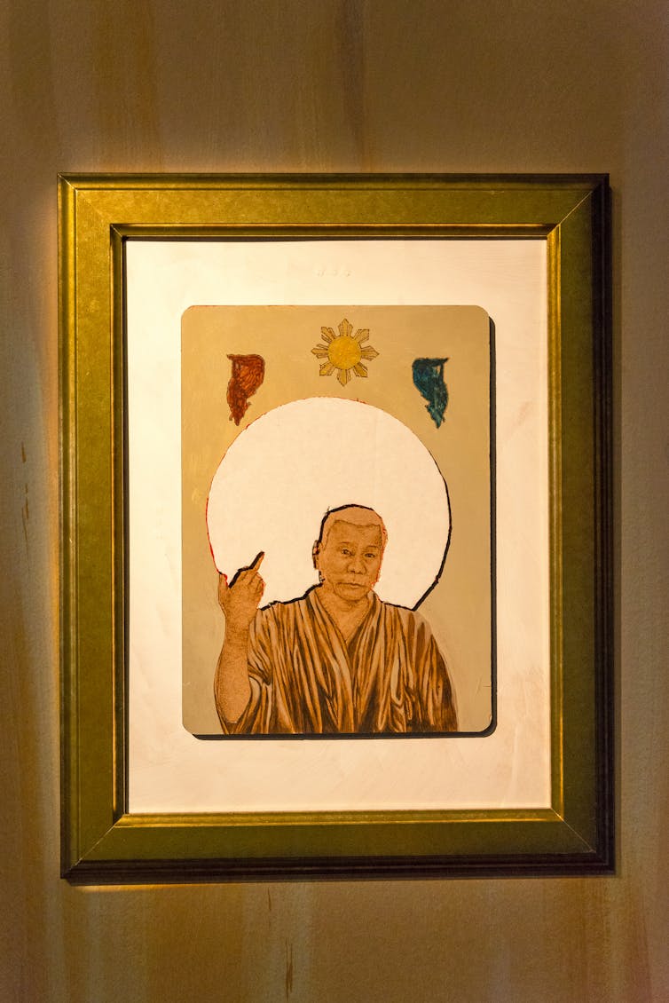 Marikit Santiago’s images present Duterte in ways both religious and profane. Photo by Jade Cadeliña