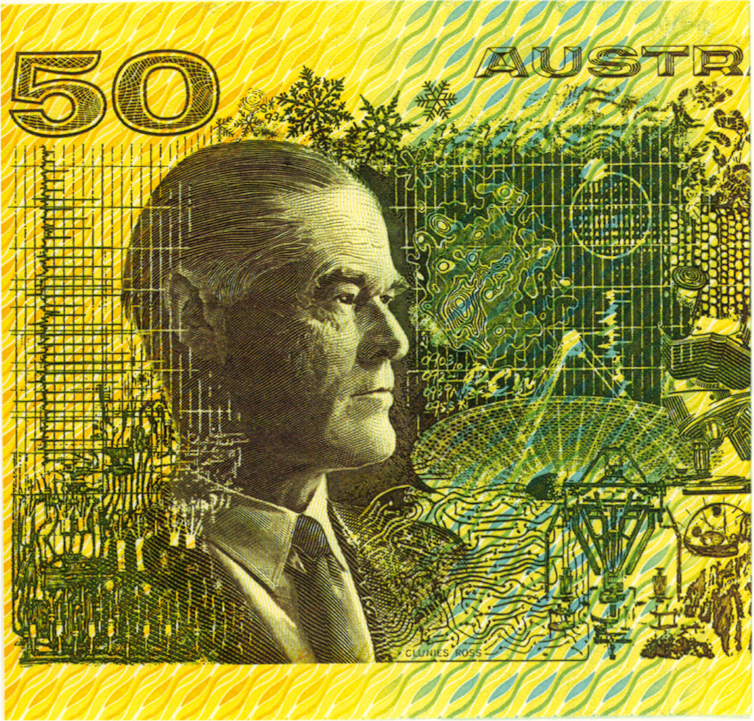 Australia’s first $50 note featured the Parkes telescope and a pulsar. Credit: Author provided
