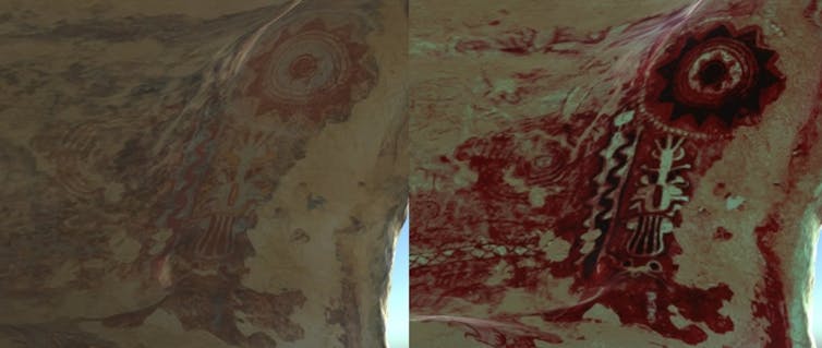 DStretch textures help reveal hidden detail in the cave artwork. Author provided