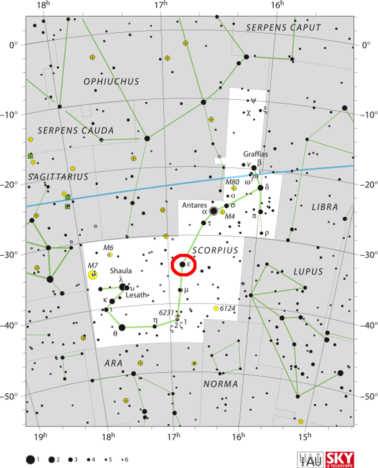 Epsilon Scorpii in the constellation Scorpius. Scorpius is not to be confused with the Wardaman scorpion constellation, Mundarla, in the Western constellation Serpens. (<a href="https://www.iau.org/public/themes/constellations/" target="_blank" rel="noopener">International Astronomical Union</a>, <a href="http://creativecommons.org/licenses/by/4.0/" target="_blank" rel="noopener">CC BY</a>)