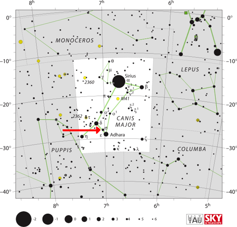 Sigma Canis Majoris in the constellation Canis Major. (<a href="https://www.iau.org/public/themes/constellations/" target="_blank" rel="noopener">International Astronomical Union</a>, <a href="http://creativecommons.org/licenses/by/4.0/" target="_blank" rel="noopener">CC BY</a>)