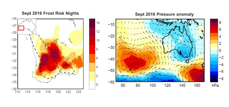 Persistent high pressure off the west coast brought cold, dry nights to WA’s southwest. BoM, Author provided