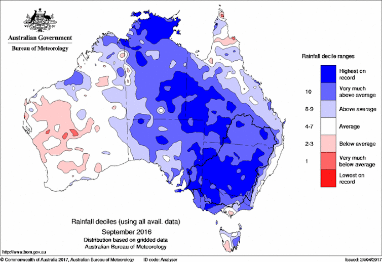 Map showing highest-on-record and very-much-above-average rainfall across most of Australia (except the southern half of WA) in September 2016