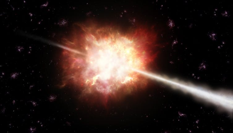 Illustration of a gamma ray burst in space. ESO/A. Roquette, CC BY-SA