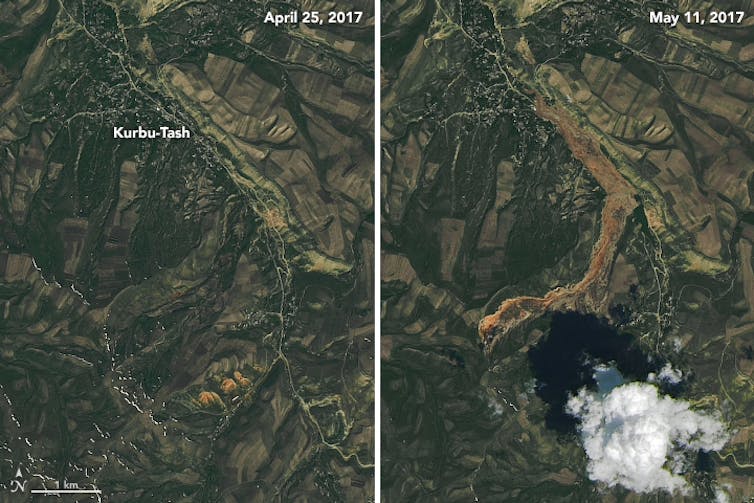 Satellite photos of hillsides showing trail of mudslide.