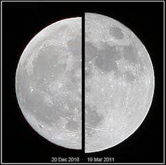 Appearance of an ‘average’ moon versus a supermoon. Marcoaliaslama, CC BY-SA