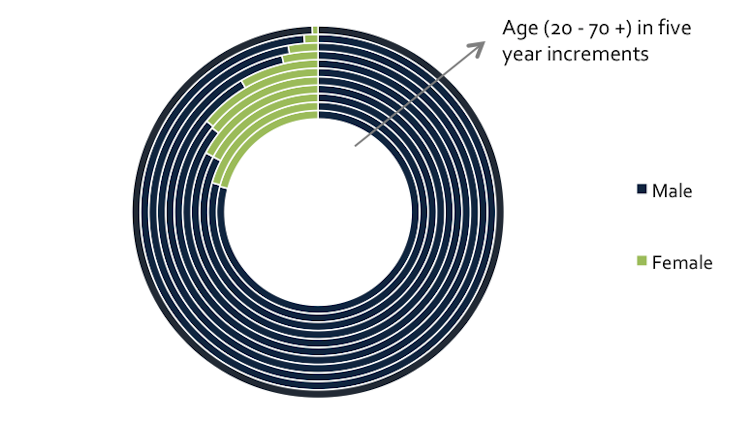 Circular chart shows the age (20-70+) in five year increments of men and women involved in the industry. The majority of women in the industry are in the younger bands whilst men are more dominant in the older bands. Men are in dark blue and women are in pale green.