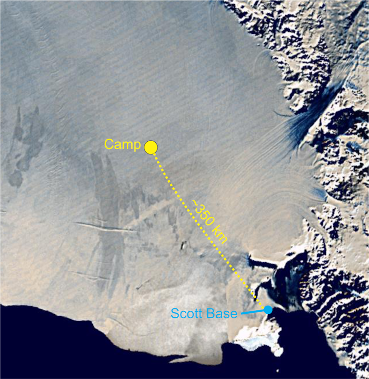 Position of camp on ice shelf.