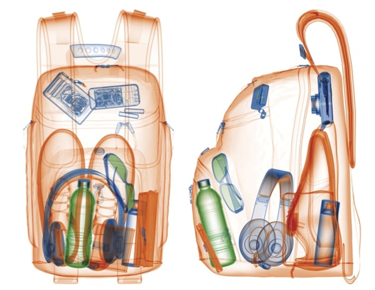 Baggage x-ray of a backpack. Can you identify some of the items inside? www.farlabs.edu.au