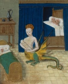 Melusine takes care of her children while in half-animal form