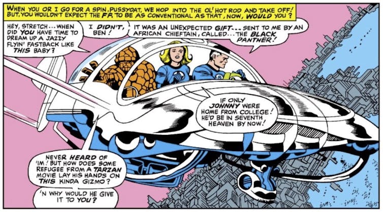 While likening Black Panther to a ‘refugee from a Tarzan movie,’ the Fantastic Four marveled at his technological innovations in ‘Introducing the Sensational Black Panther.’ Fantastic Four #52 