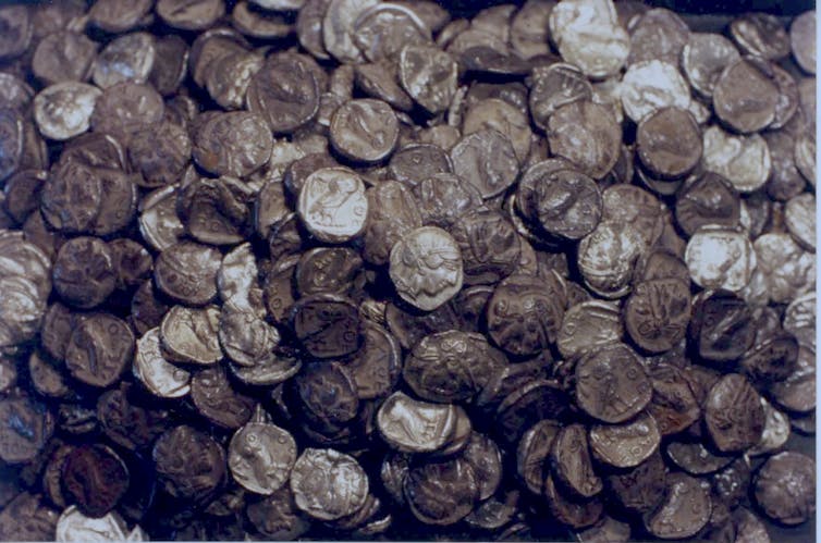 A horde of Athenian four-drachma coins from Turkey. (Photo: David Pritchard, Author provided.) A horde of Athenian four-drachma coins from Turkey. (Photo: David Pritchard, Author provided.)