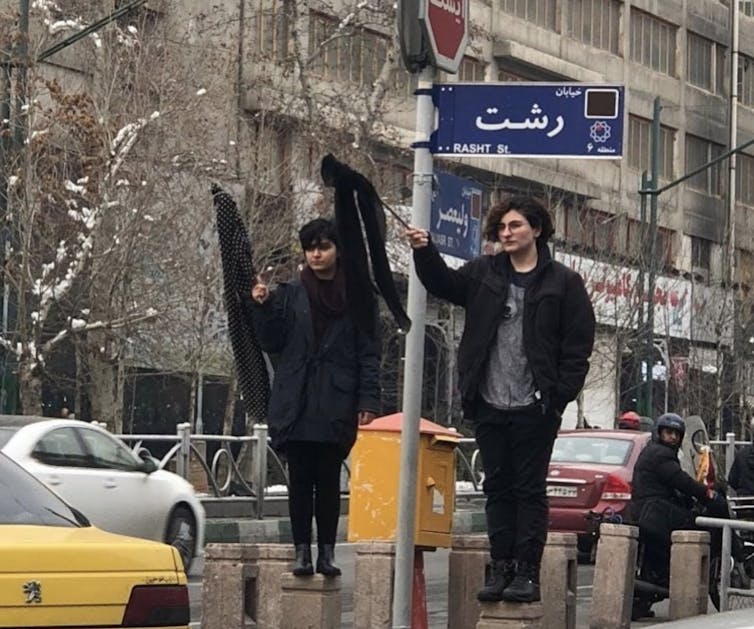 Women have been climbing on platforms to protest compulsory hijab. (White Wednesday Campaign/@masihpooyan)