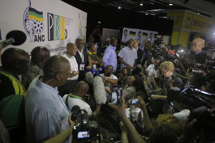 Journalists quiz former South African president Jacob Zuma. Relentless pressure led to his resignation. EPA-EFE/Kim Ludbrook