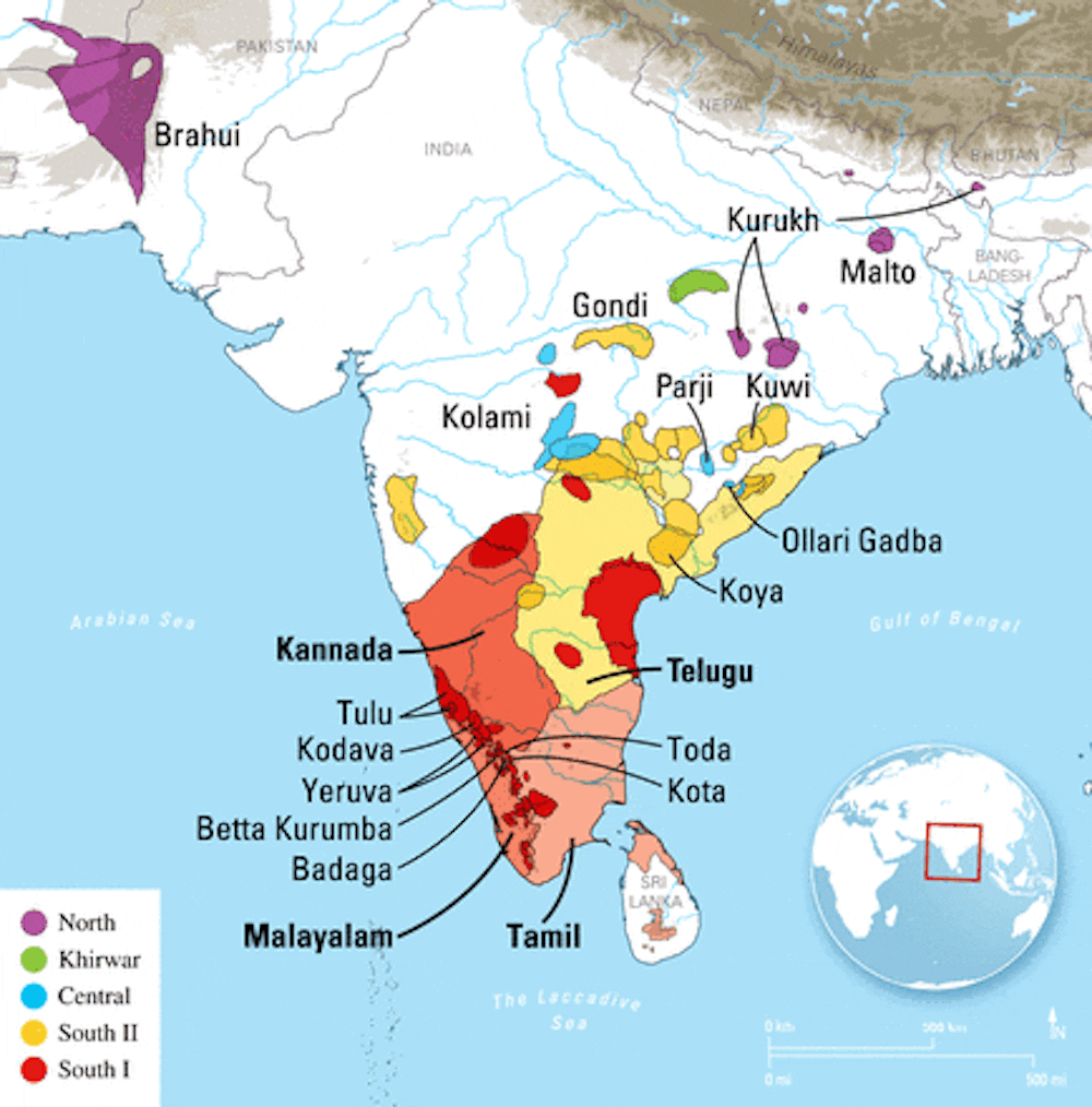 Map of the Dravidian languages in India, Pakistan, Afghanistan and Nepal adapted from Ethnologue. Kolipakam et al. 2018 Map of the Dravidian languages in India, Pakistan, Afghanistan and Nepal adapted from Ethnologue. Kolipakam et al. 2018