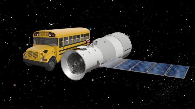 An illustration comparing the Tiangong-1 with a US school bus. Credit: Aerospace Corporation