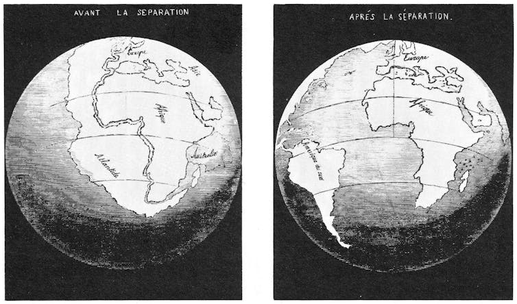 Maps made by Snider-Pellegrini in 1858 showing his idea of how the American and African continents may once have fitted together. Credit: Wikimedia Commons