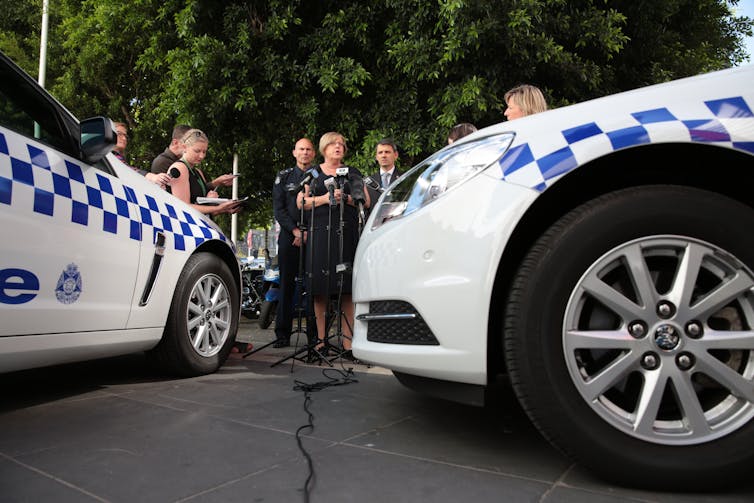 Victoria’s minister for police, Lisa Neville, answers questions about allegations of police misconduct. Photo: AAP/Stefan Postles