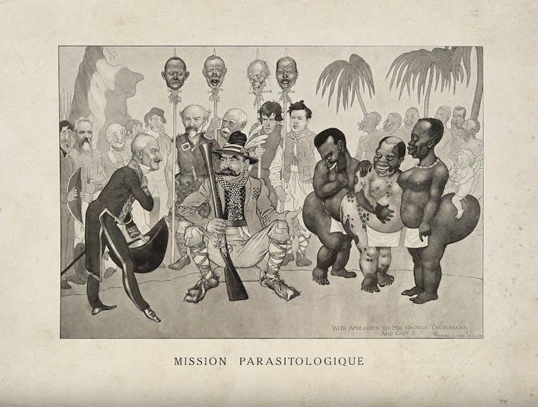 A racist caricature of European scientists visiting Africa. The severed head on the right is that of Ronald Ross. Credit: Wellcome Collection, CC BY