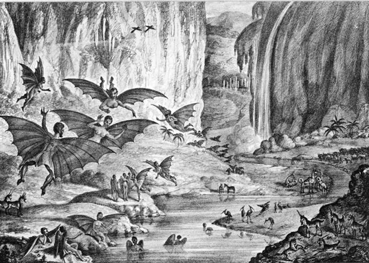 GREAT MOON HOAX. During the ‘Great Moon Hoax,’ the New York Sun claimed to have discovered a colony of creatures on the moon. Image from Wikimedia Commons