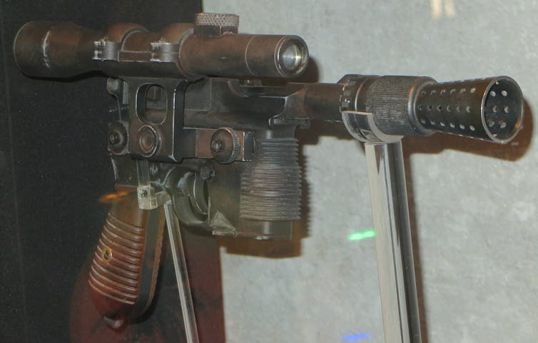 Han Solo’s BlasTech DL-44 heavy blaster pistol on display at Star Wars Launch Bay at Disney’s Hollywood Studios.