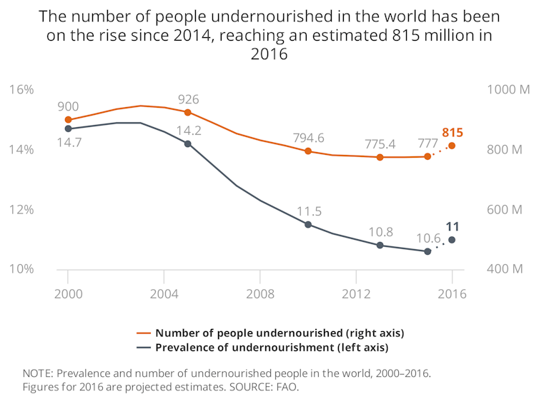 After steadily declining for over a decade, global hunger appears to be on the rise, affecting 11% of the global population. FAO, CC BY-ND