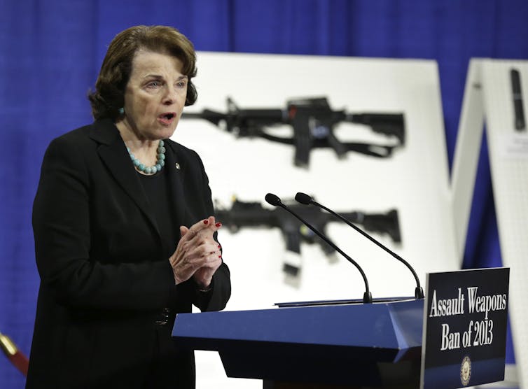 Sen. Dianne Feinstein, D-Calif., speaks during a news conference in 2013 to introduce legislation on assault weapons and high-capacity ammunition feeding devices. AP/Manuel Balce Ceneta
