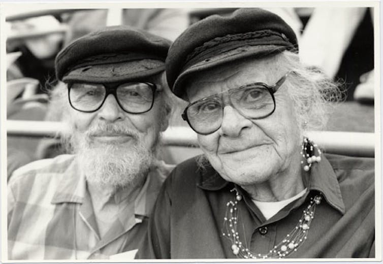 John Burnside and Harry Hay with matching caps, June 25, 1994.