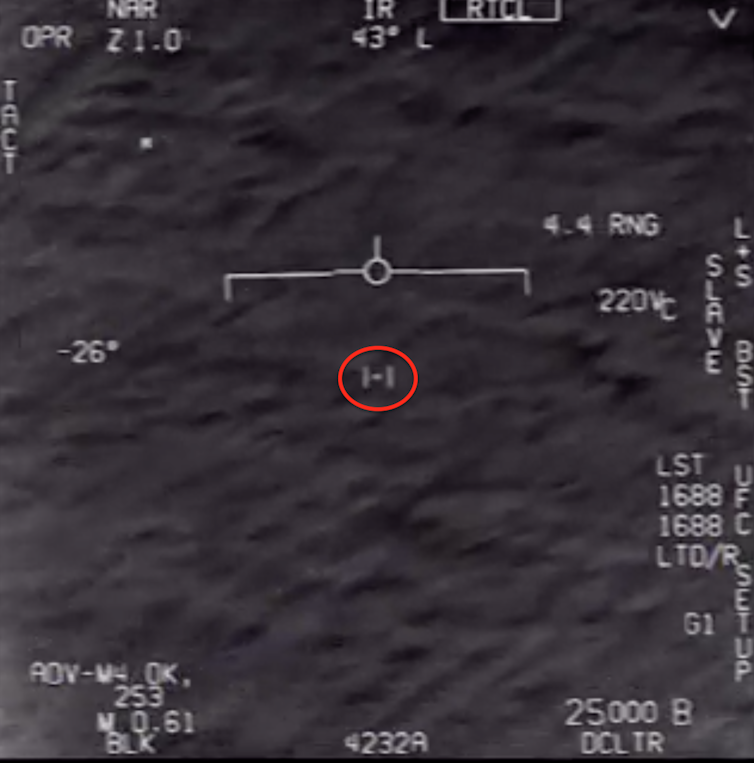 US F/A-18 footage of a UFO (circled in red). Creative Commons Attribution-Share Alike 4.0 International license. Parzival191919, CC BY-NC-SA
