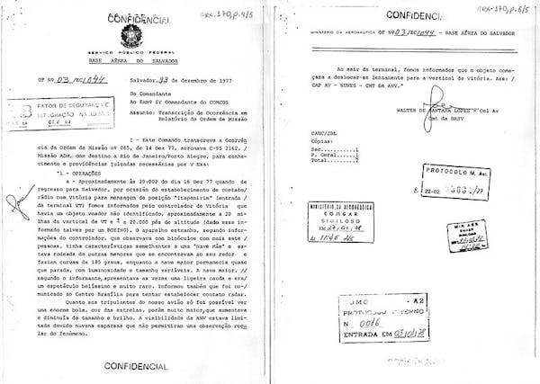 Documento desclassificado que descreve o avistamento de um OVNI em dezembro de 1977, na Bahia