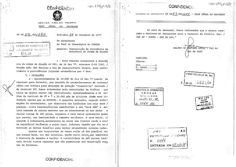 DECLASSIFIED. Declassified document describing a sighting of a UFO in December 1977, in Bahia, a state in northern Brazil. Arquivo Nacional Collection