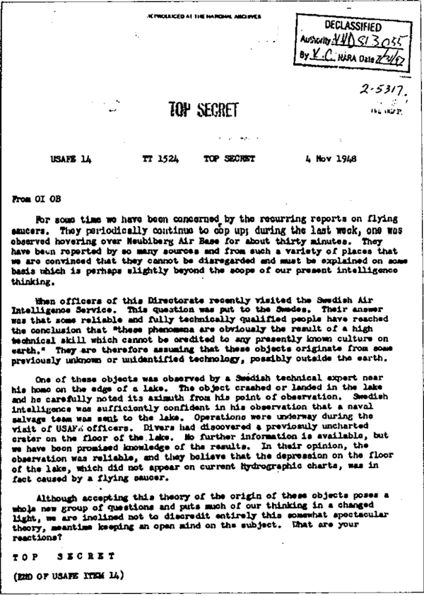 Documento extraterrestre de 1948 Top Secret USAF UFO